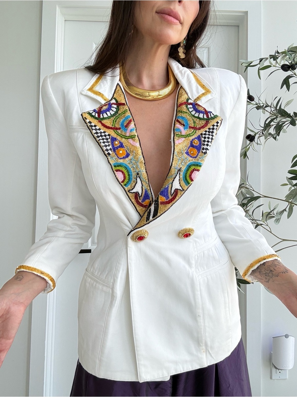 Rare Vintage Cache White Embroidered-Trim Double-Breasted Blazer Pant Suit - Picture 2 of 4